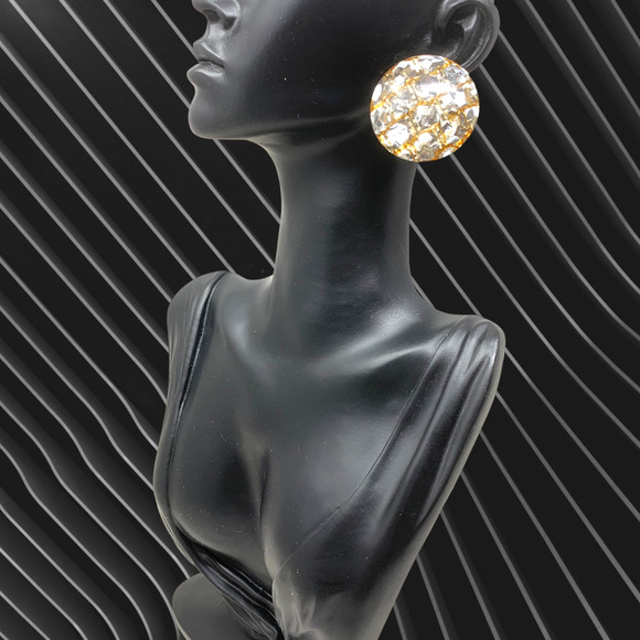 Vintage 1980's Metallic Flake Acrylic Domed Huge Earrings Clip On Runway Couture - Picture 3 of 5